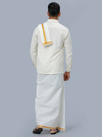 Ramraj Cotton Mens Wedding Cream Regular Dhoti, Shirt & Towel Set Subhakalyan 3/4"