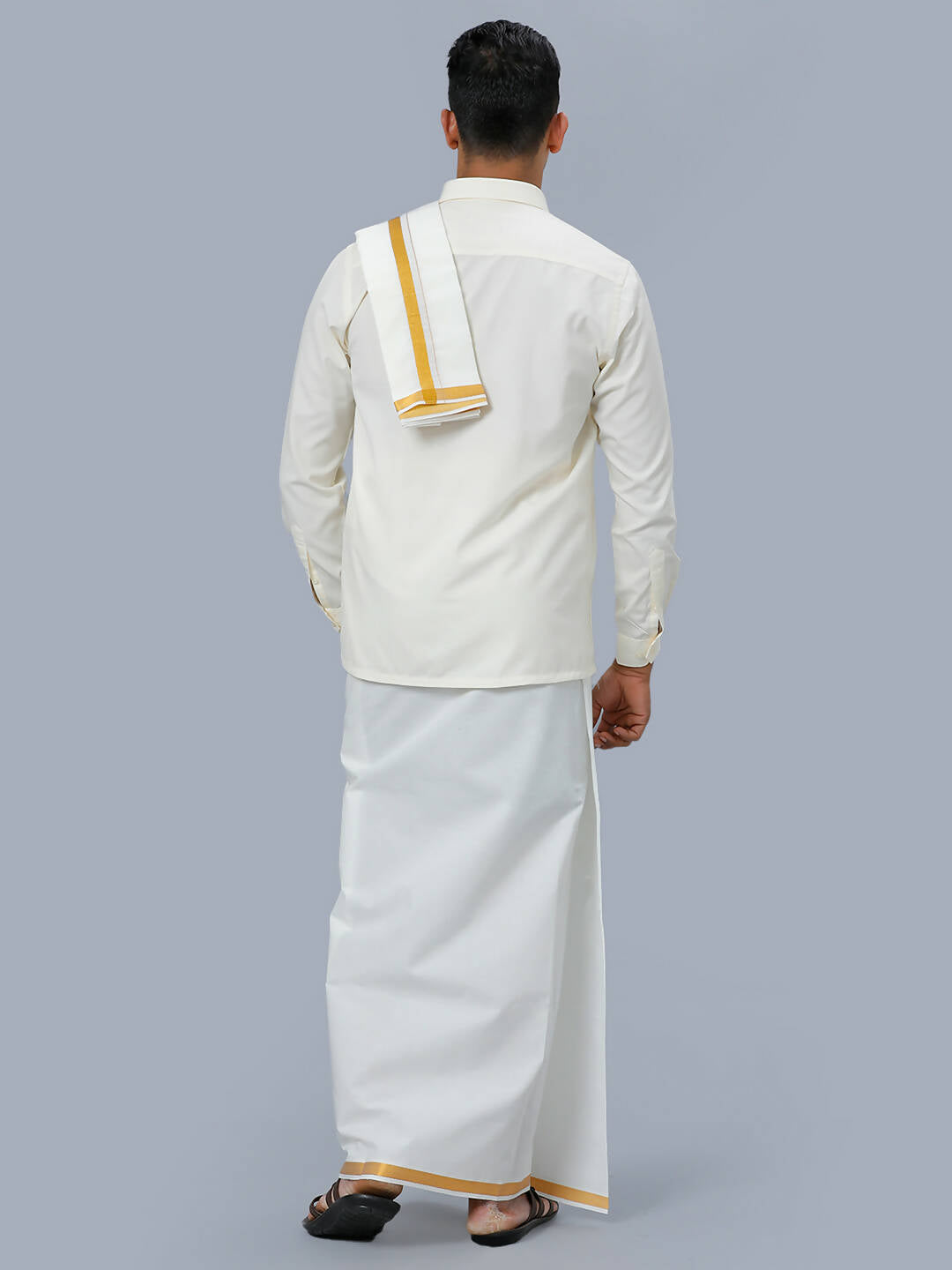 Ramraj Cotton Mens Wedding Cream Regular Dhoti, Shirt & Towel Set Subhakalyan 3/4"