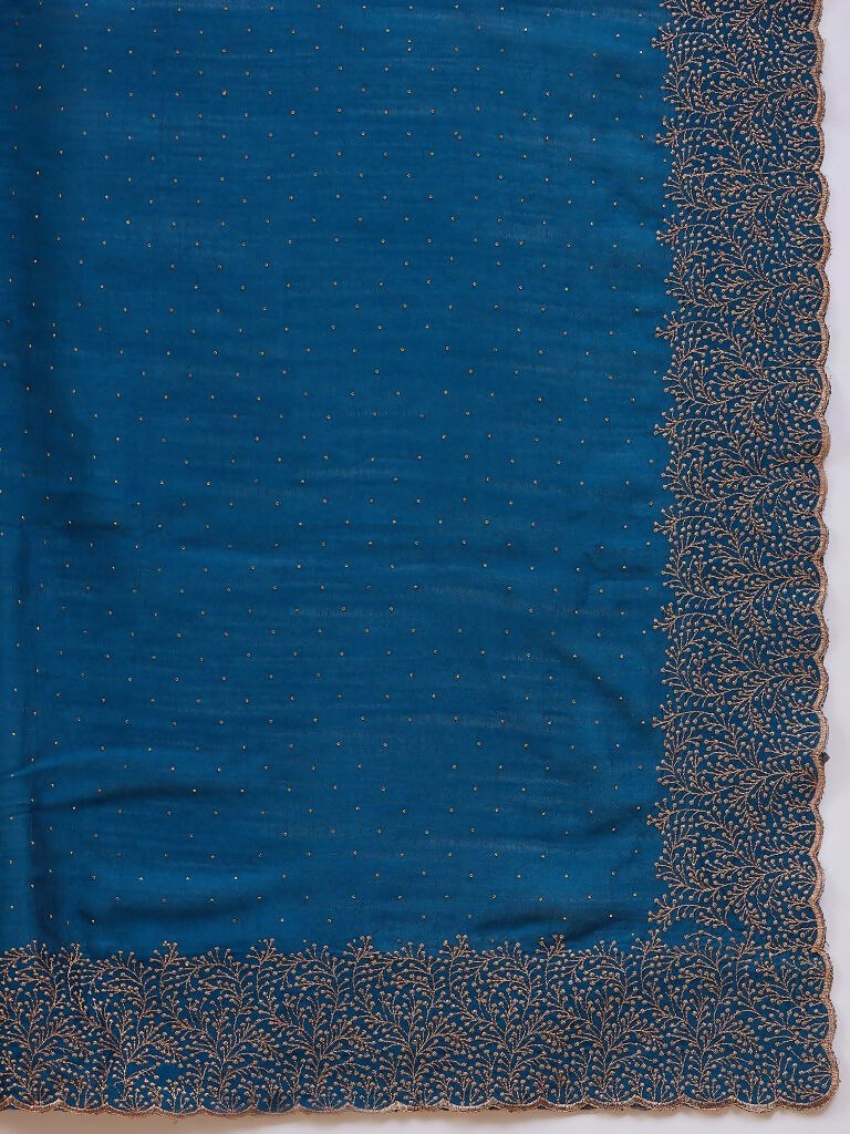 Blue Silk Blend Embroidered Saree with Unstitched Blouse - Vairagi