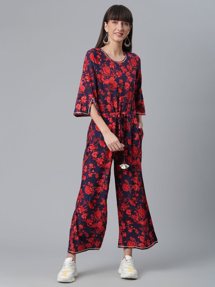 Ahalyaa Womens Navy & Red Rayon Printed Jumpsuit