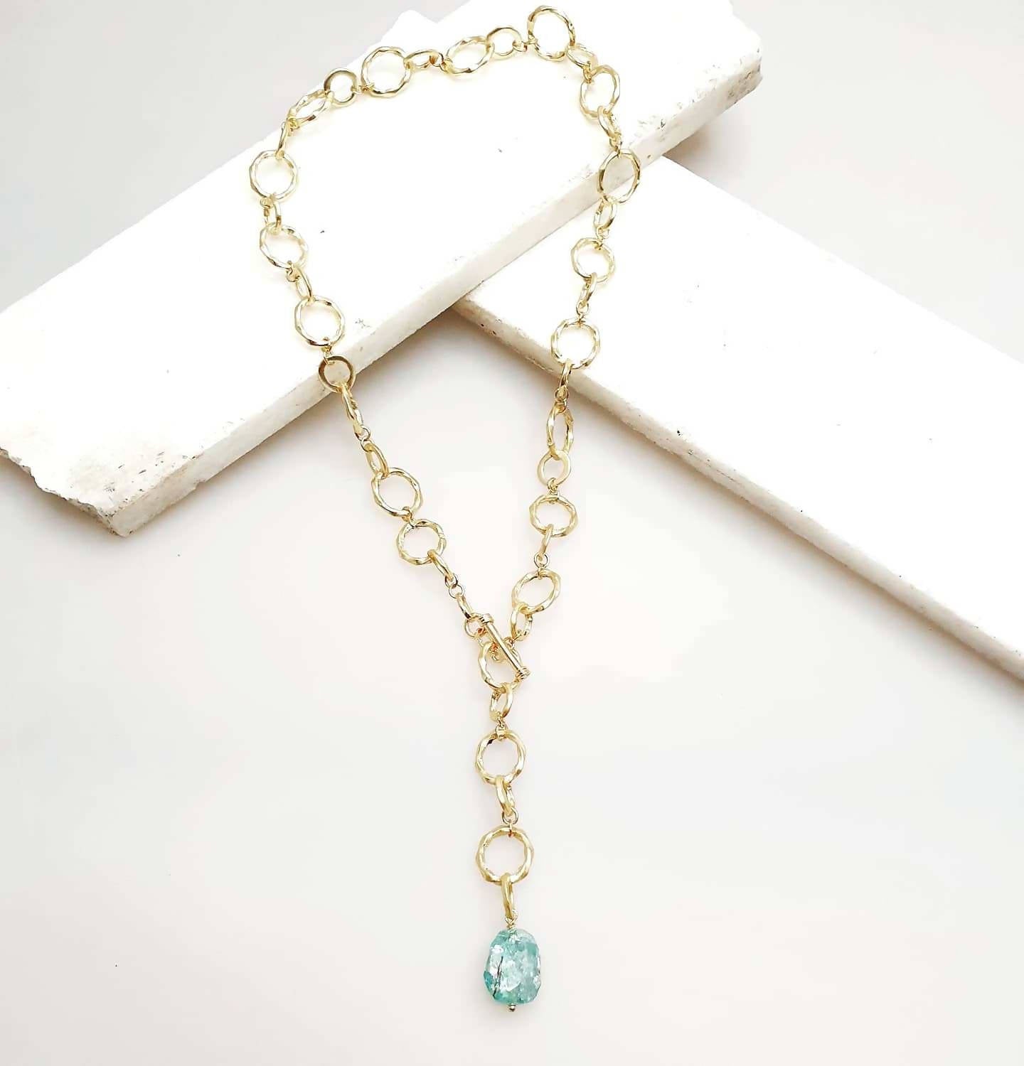 Bling Accessories Aqua Natural Stone Link T Bar Necklace 