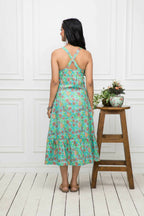 Myshka Women Green Floral Cotton A-Line Round Neck Long Dress - Distacart