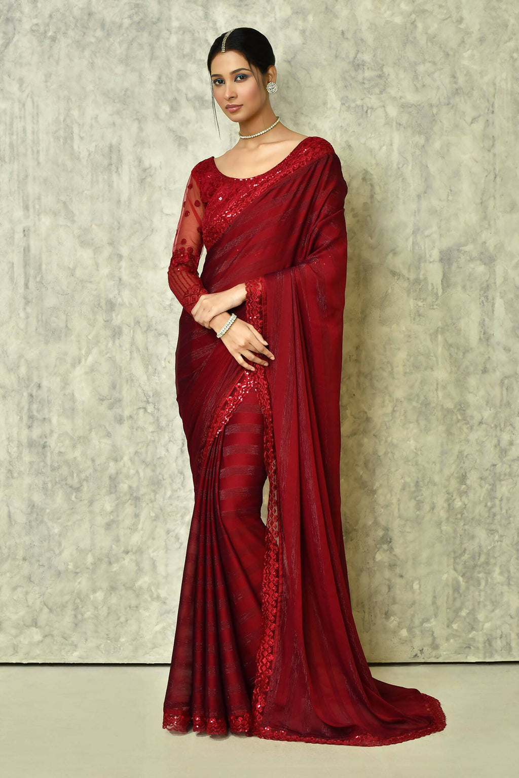Maroon Silk Stripe Saree With Blouse Piece - Purvi