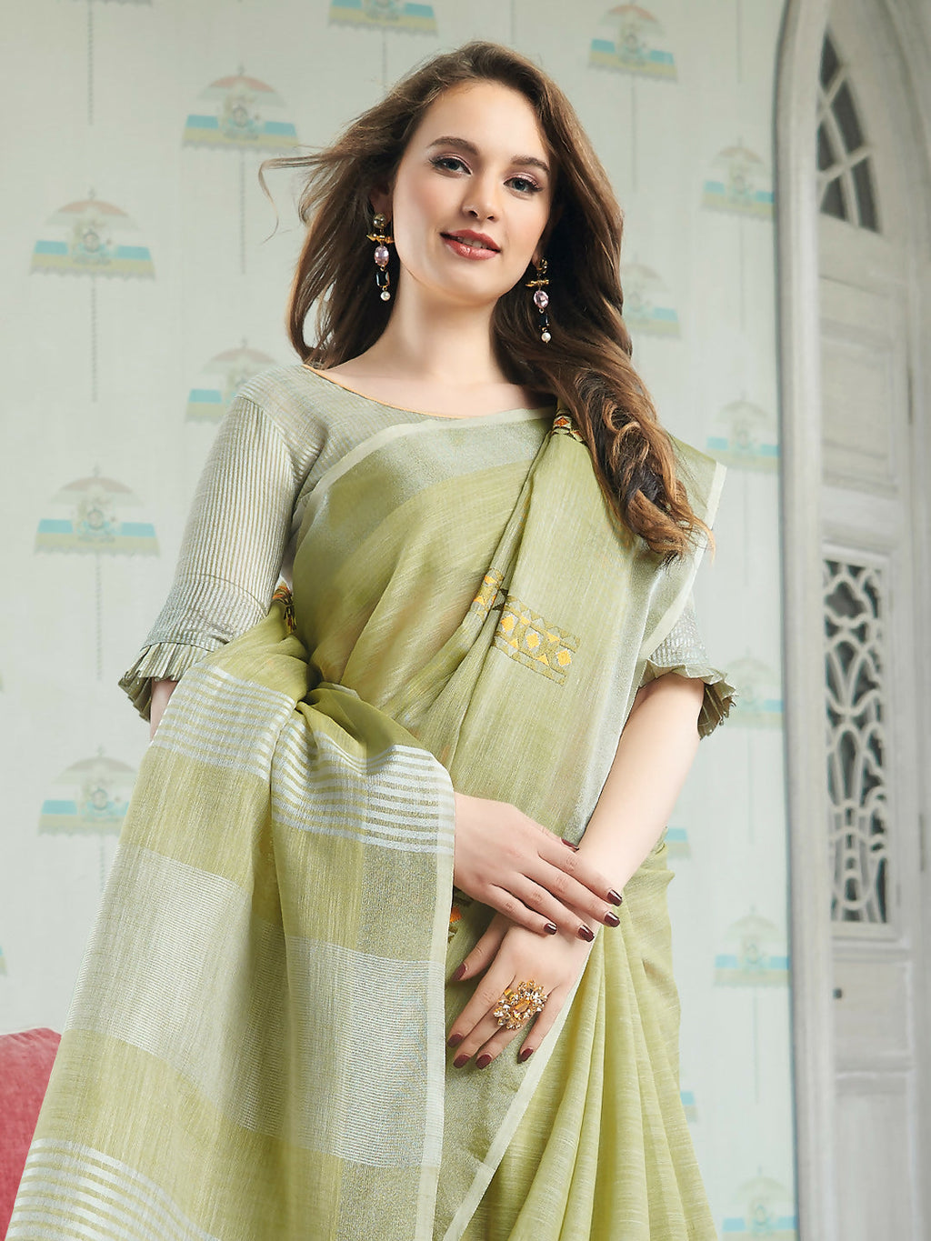 Shree Shyam Fashion Linen Pista Green Saree - Distacart