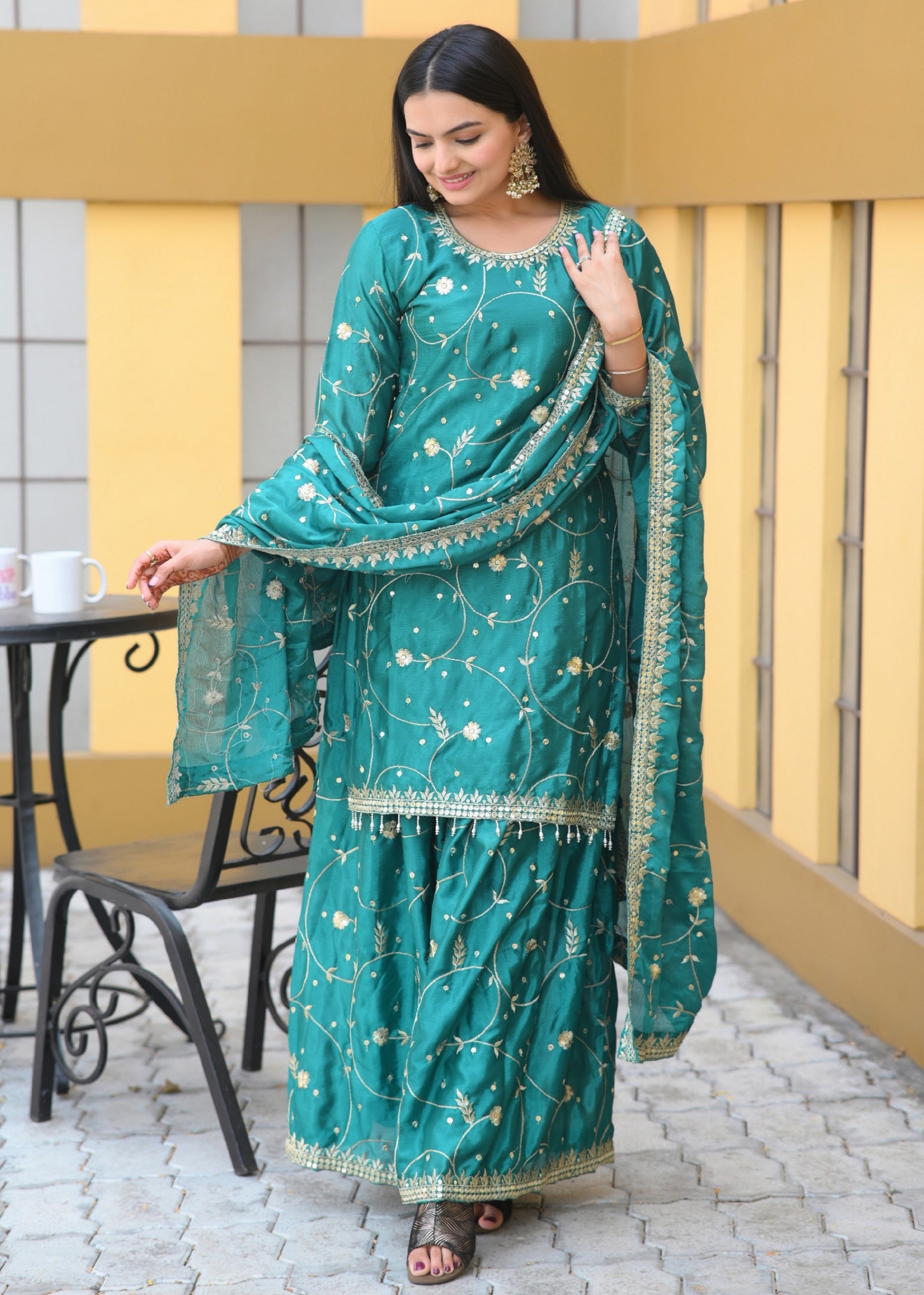 Teeya Creation Green Color Chinon Silk Heavy Embroidery Work Fully Stitched Salwar Suit