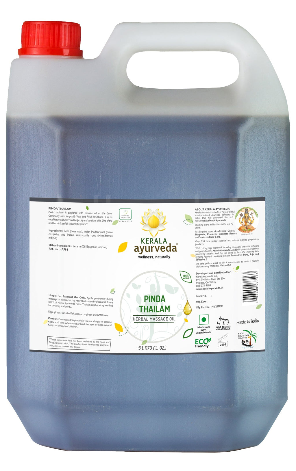 A 5 litre can of of pinda thailam labeled 'PHYTO-HYDRATION BODY OIL' along with the product name 'PINDA THAILAM'.