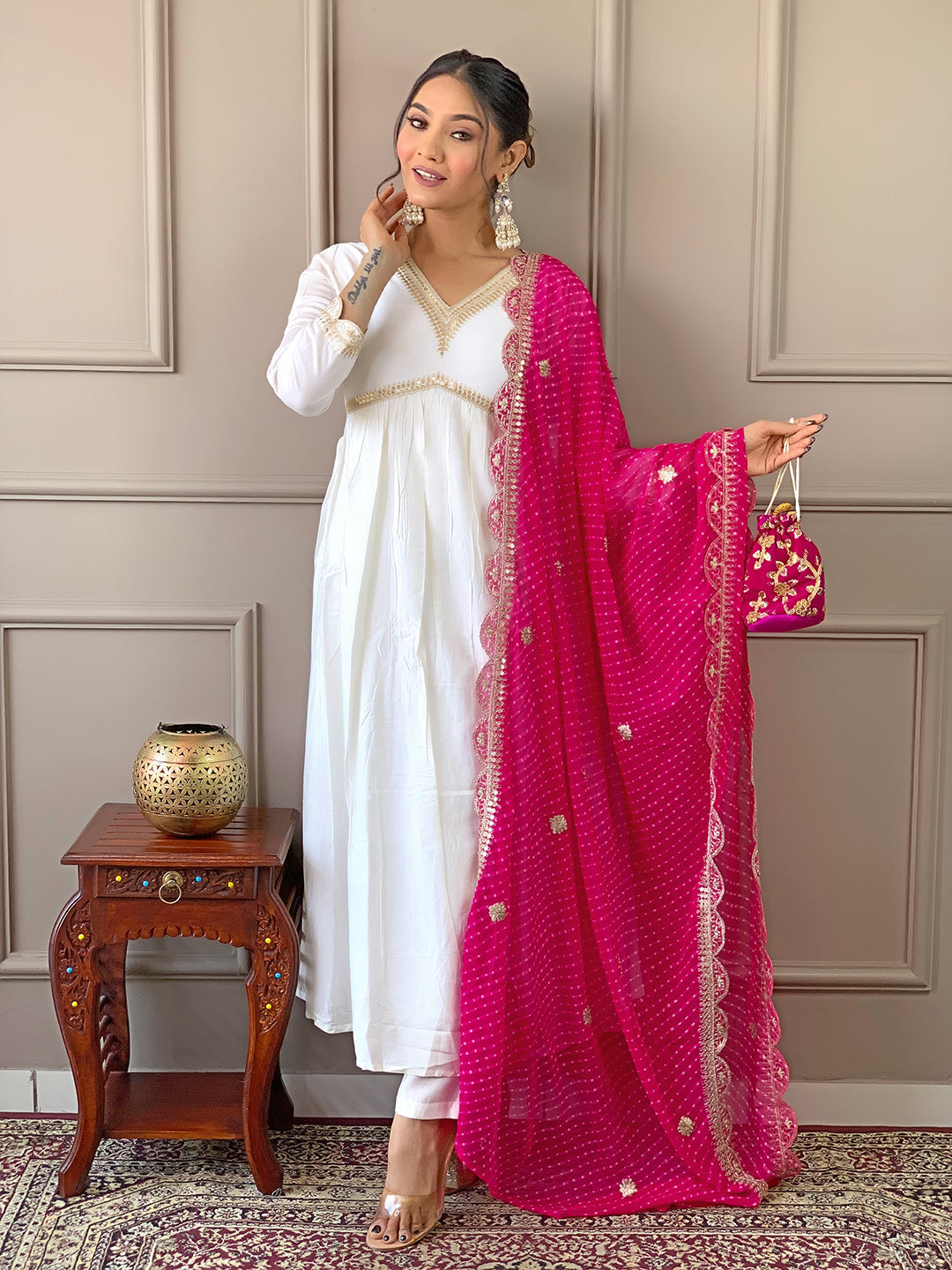 The52 Women's Gorgeous Embroidery Chandrei Fabric Straight Kurta, Pant and Dupatta Set - Distacart
