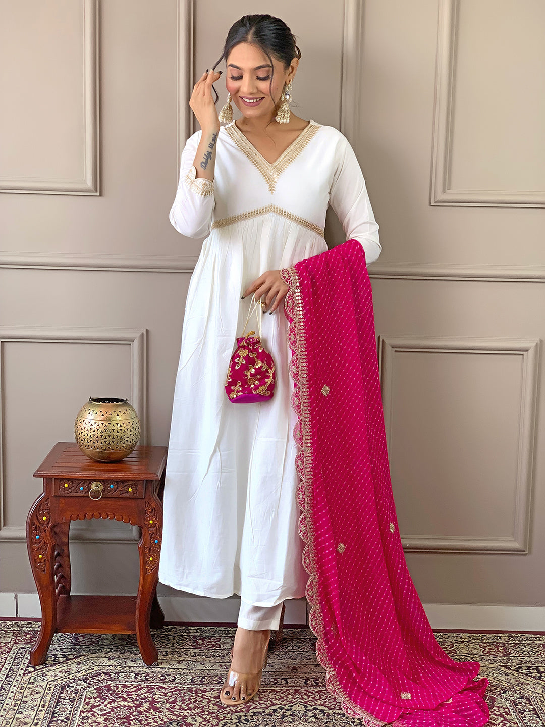 The52 Women's Gorgeous Embroidery Chandrei Fabric Straight Kurta, Pant and Dupatta Set - Distacart