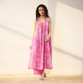 Pimu Women Floral Printed Pleated Pure Cotton Kurta with Palazzos-Pink
