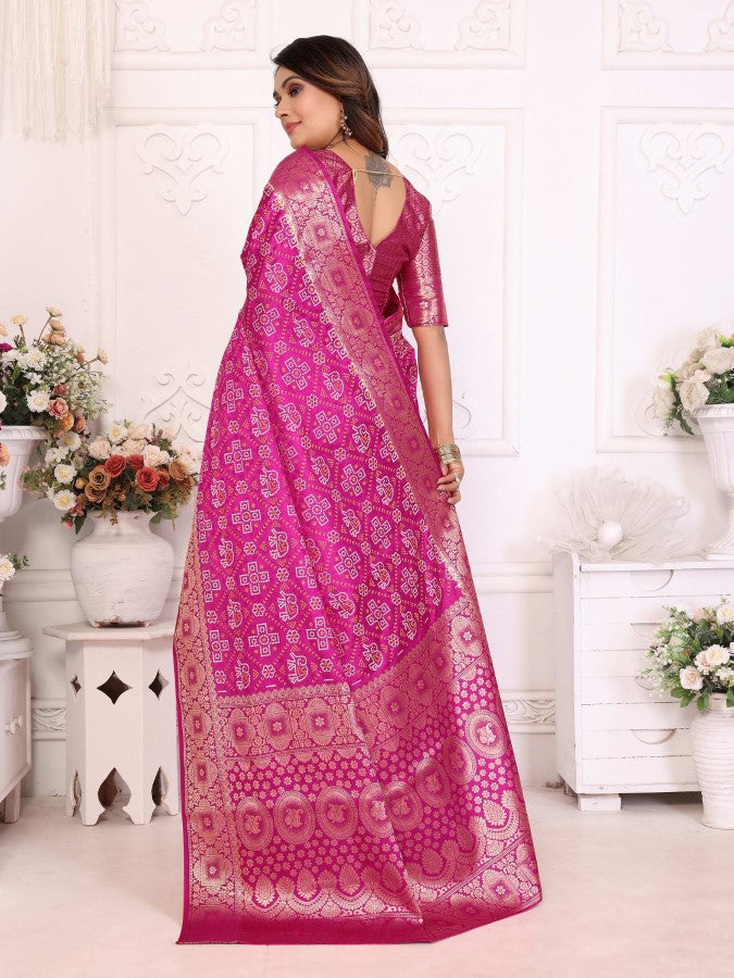 Anaita Pink Soft Satin Silk Bandhej Print Saree With Kanchi Zari Weaving Border - Distacart
