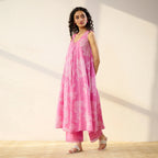 Pimu Women Floral Printed Pleated Pure Cotton Kurta with Palazzos-Pink