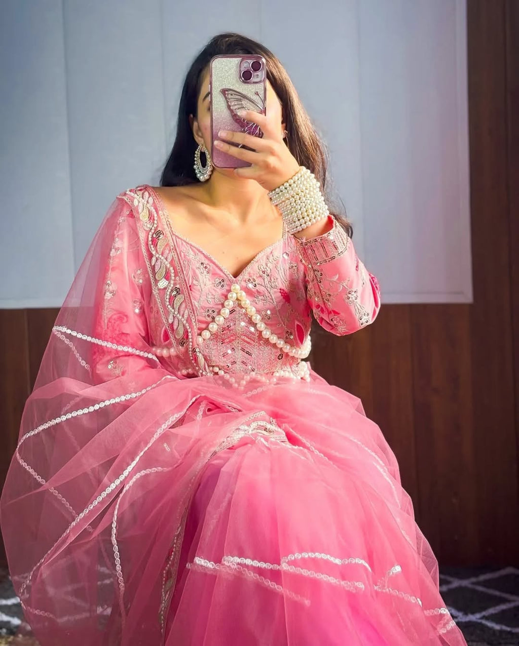 Teeya Creation Light Pink Color Net Fabric Pearl Work Heavy Embroidery Work Saree