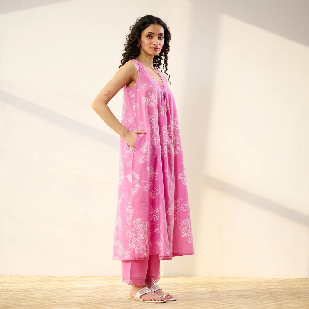 Pimu Women Floral Printed Pleated Pure Cotton Kurta with Palazzos-Pink
