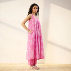 Pimu Women Floral Printed Pleated Pure Cotton Kurta with Palazzos-Pink