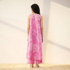 Pimu Women Floral Printed Pleated Pure Cotton Kurta with Palazzos-Pink