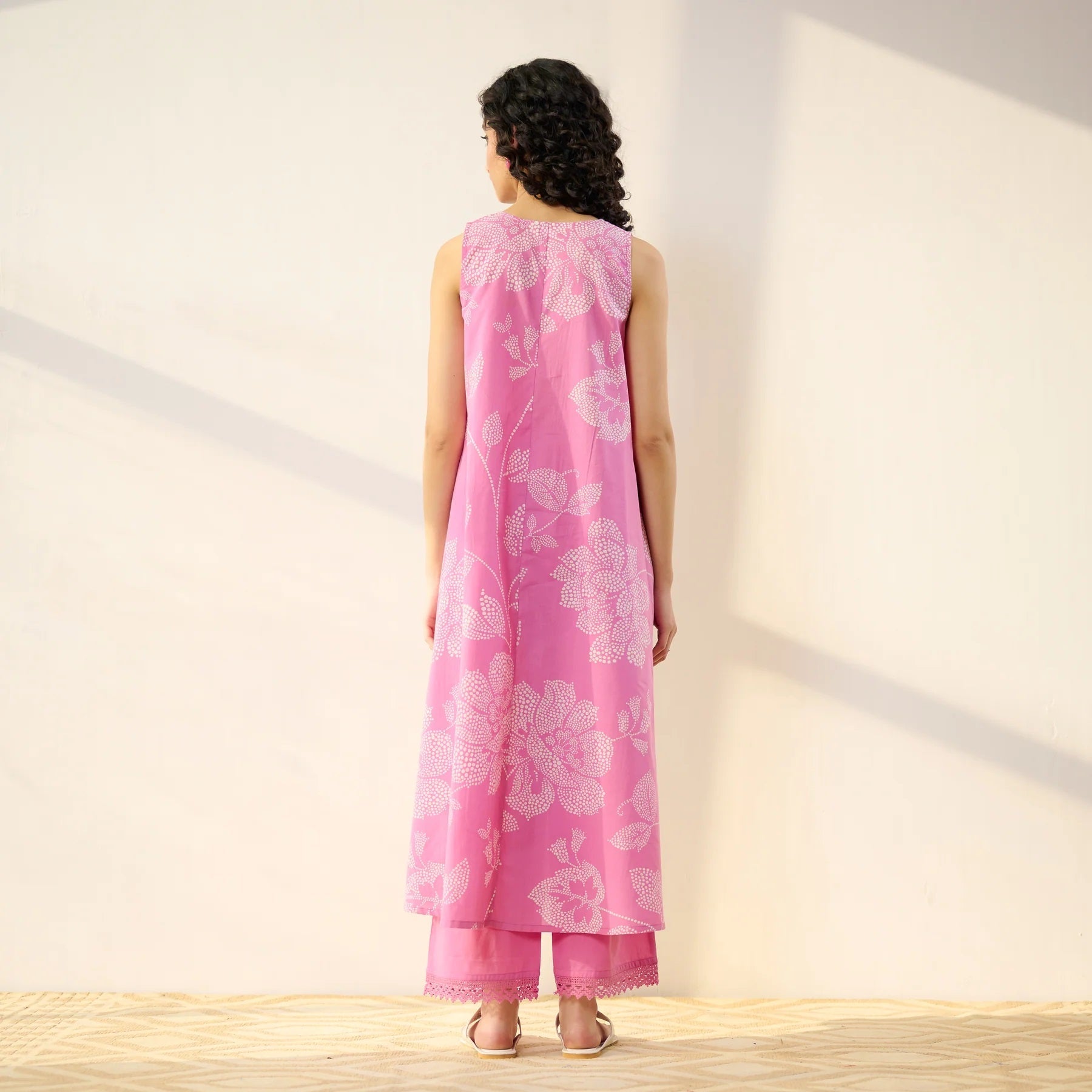 Pimu Women Floral Printed Pleated Pure Cotton Kurta with Palazzos-Pink