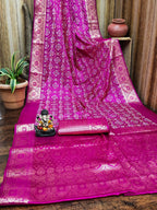 Anaita Pink Soft Satin Silk Bandhej Print Saree With Kanchi Zari Weaving Border - Distacart
