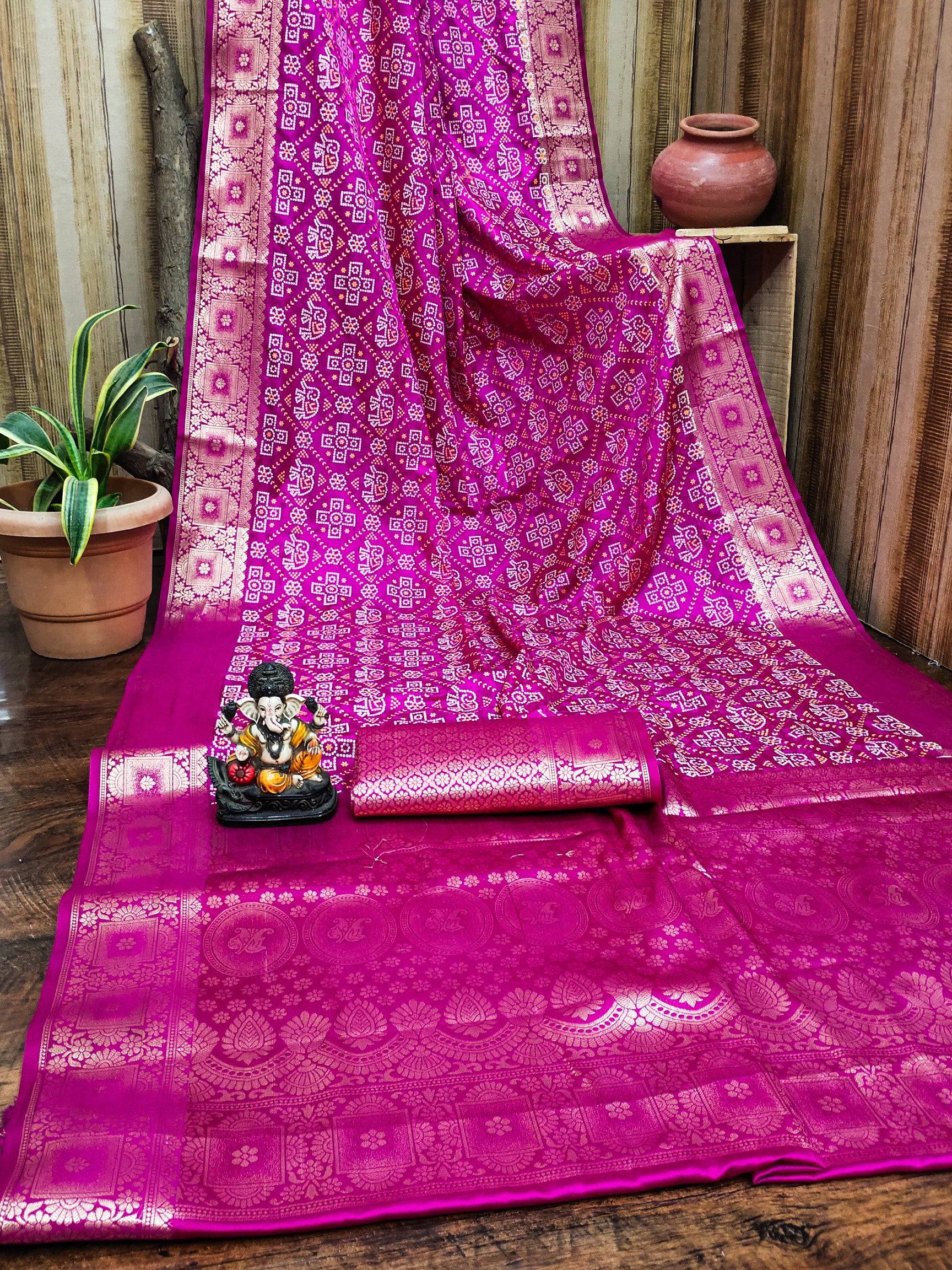 Anaita Pink Soft Satin Silk Bandhej Print Saree With Kanchi Zari Weaving Border - Distacart
