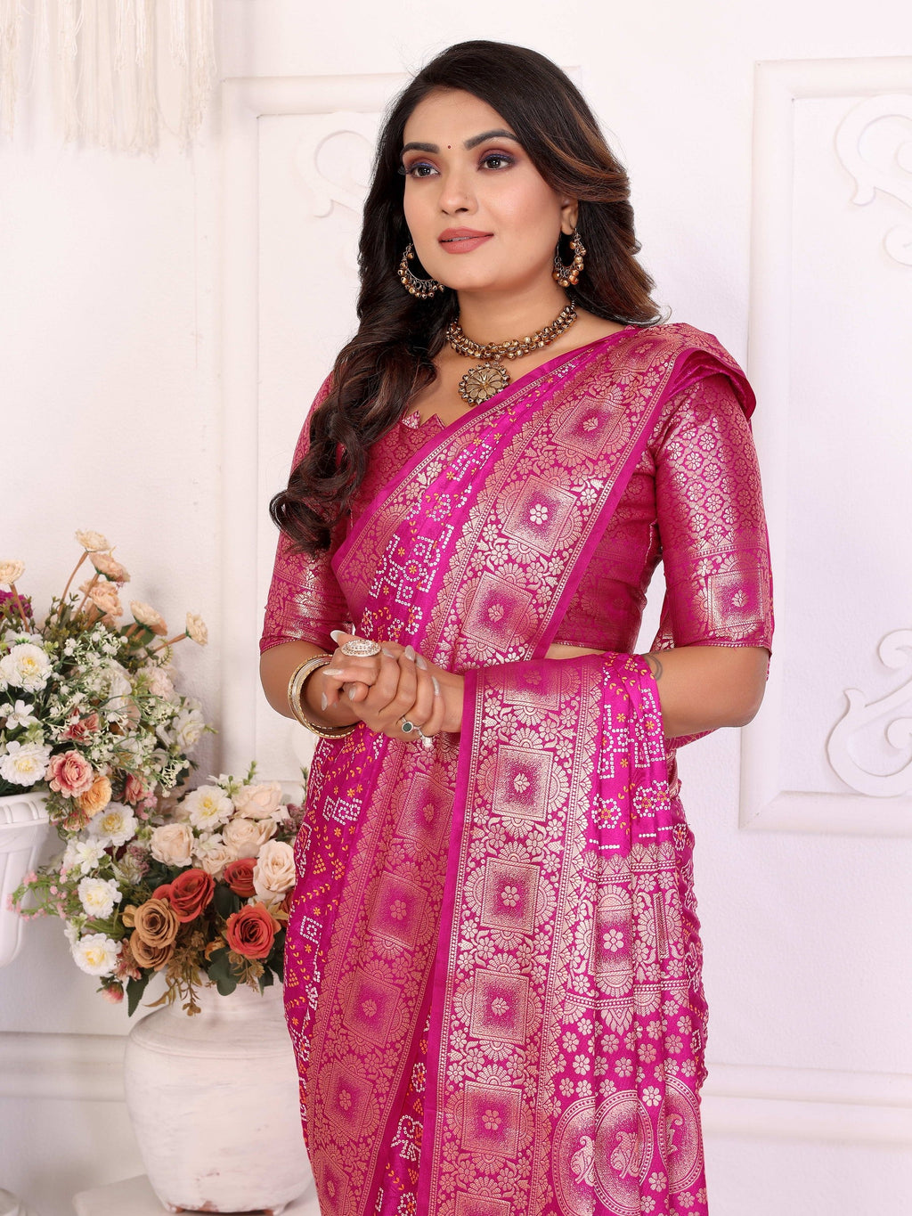 Anaita Pink Soft Satin Silk Bandhej Print Saree With Kanchi Zari Weaving Border - Distacart