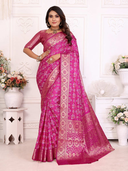 Anaita Pink Soft Satin Silk Bandhej Print Saree With Kanchi Zari Weaving Border