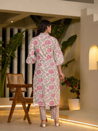 Yufta Pink And Off White Floral Print Cotton Straight Style Kurta And Trousers With Dupatta