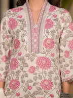 Yufta Pink And Off White Floral Print Cotton Straight Style Kurta And Trousers With Dupatta