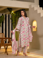 Yufta Pink And Off White Floral Print Cotton Straight Style Kurta And Trousers With Dupatta