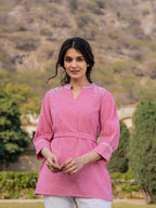 Yufta Pink Cotton Checks Embroidery Top