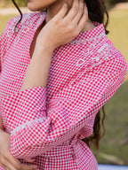 Yufta Pink Cotton Checks Embroidery Top
