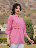 Yufta Pink Cotton Checks Embroidery Top
