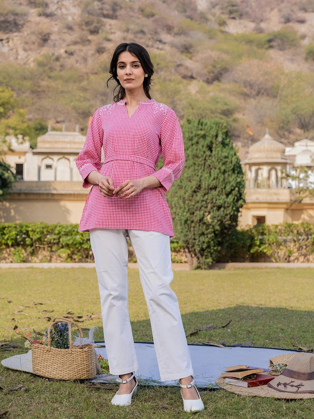 Yufta Pink Cotton Checks Embroidery Top