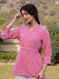 Yufta Pink Cotton Checks Embroidery Top