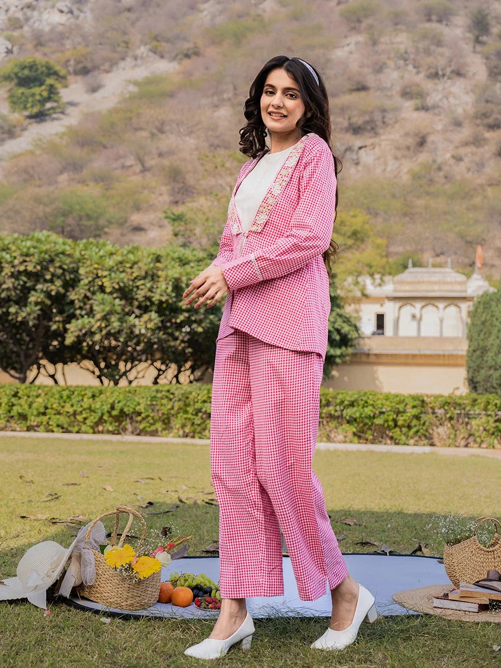 Yufta Pink Cotton Checks Print Shawl Neck Co Ord Set With Embroidery