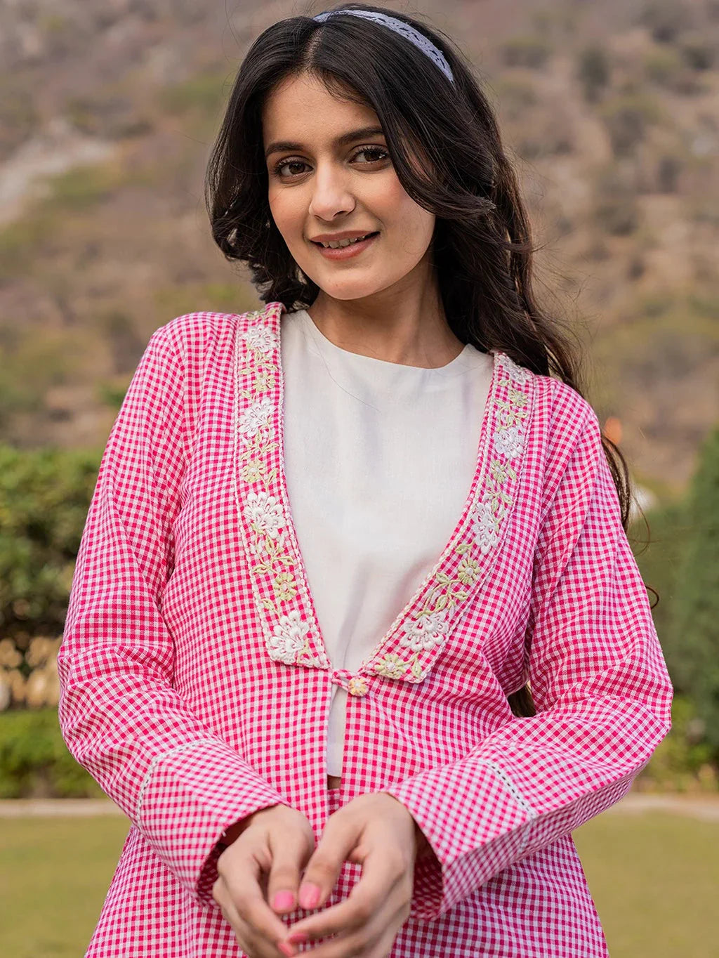 Yufta Pink Cotton Checks Print Shawl Neck Co Ord Set With Embroidery