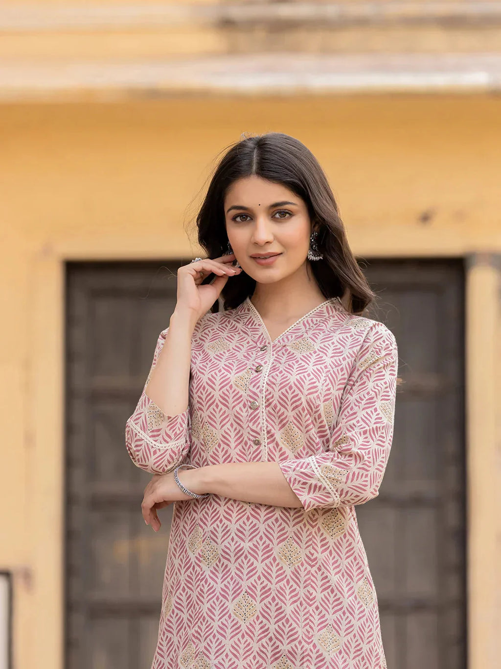 Yufta Pink Ethnic Motifs Cotton Top