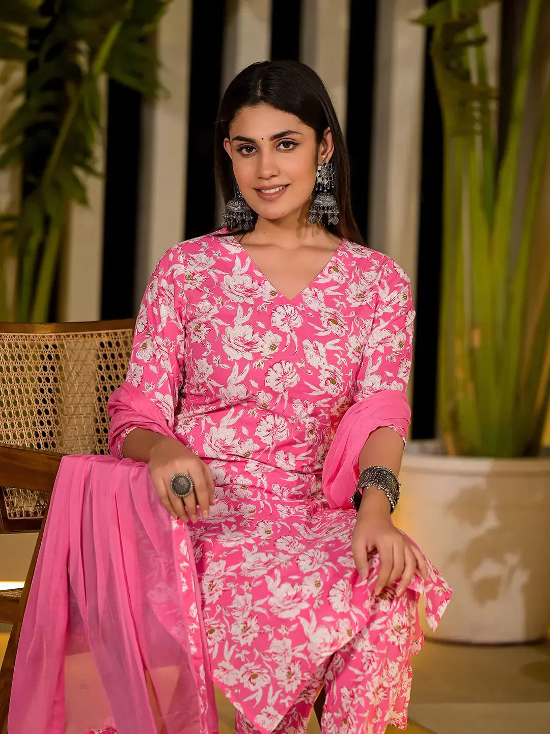 Yufta Pink Floral Print Cotton Straight Kurta With Trousers And Dupatta Set