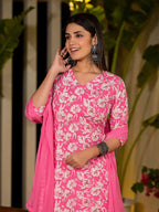 Yufta Pink Floral Print Cotton Straight Kurta With Trousers And Dupatta Set