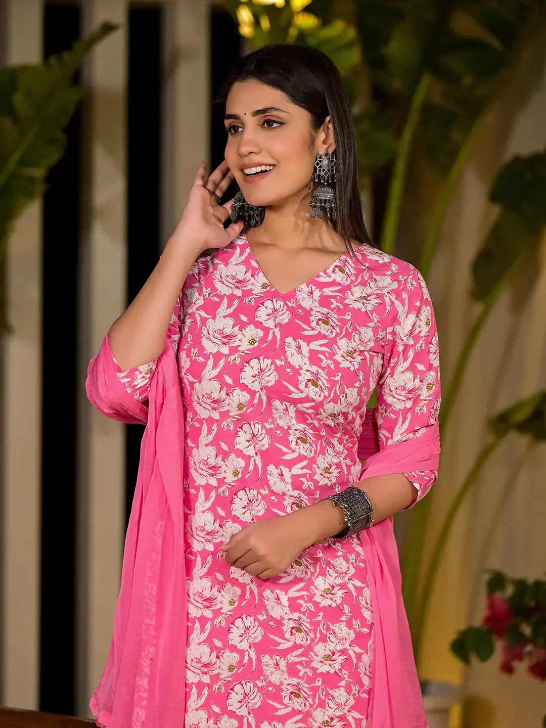 Yufta Pink Floral Print Cotton Straight Kurta With Trousers And Dupatta Set