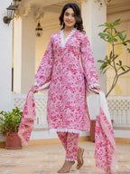Yufta Pink Floral Print Pakistani Style Kurta Trouser And Dupatta Set