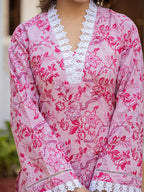 Yufta Pink Floral Print Pakistani Style Kurta Trouser And Dupatta Set