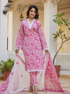 Yufta Pink Floral Print Pakistani Style Kurta Trouser And Dupatta Set