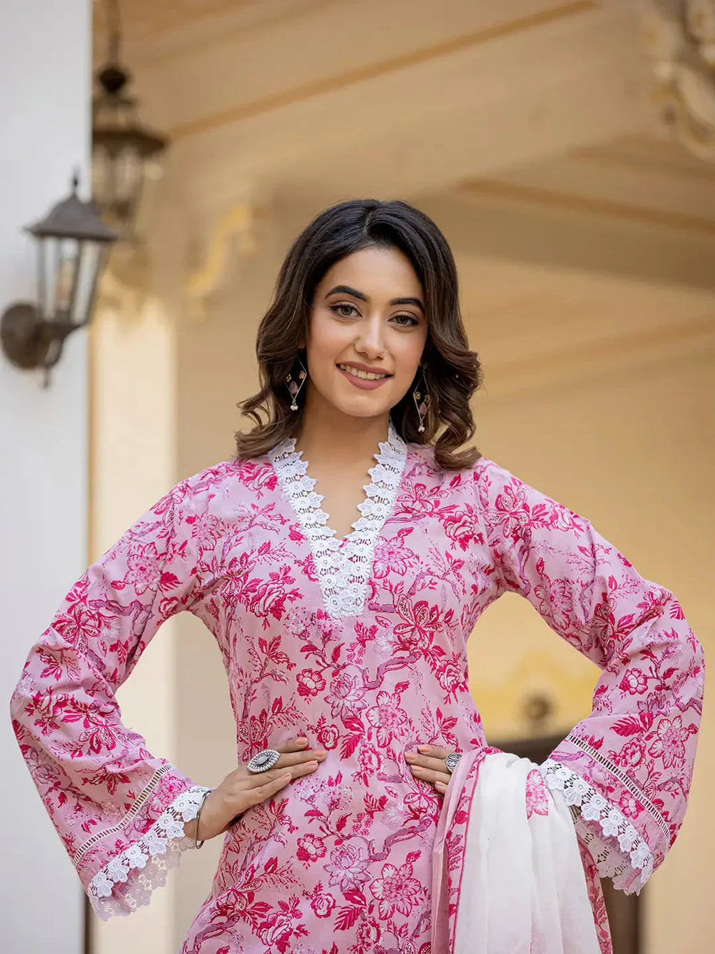 Yufta Pink Floral Print Pakistani Style Kurta Trouser And Dupatta Set