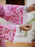 Yufta Pink Floral Print Pakistani Style Kurta Trouser And Dupatta Set