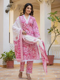Yufta Pink Floral Print Pakistani Style Kurta Trouser And Dupatta Set