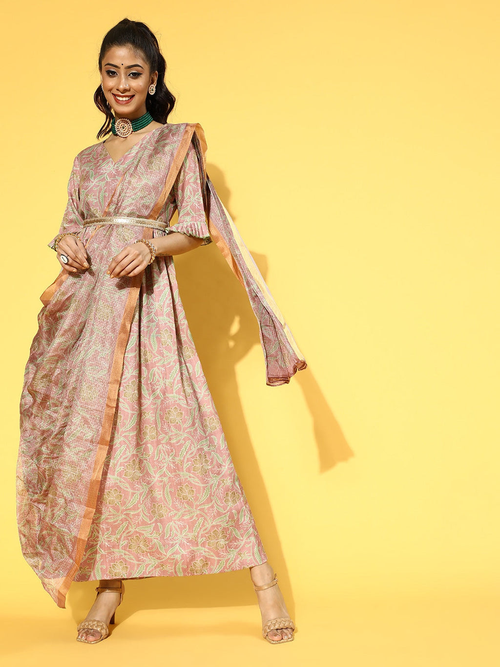 Yufta Pink & Green Floral Print Dress with Dupatta - Distacart