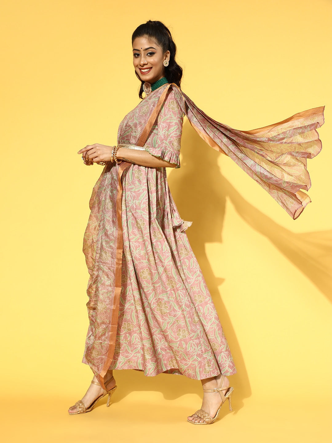 Yufta Pink & Green Floral Print Dress with Dupatta - Distacart