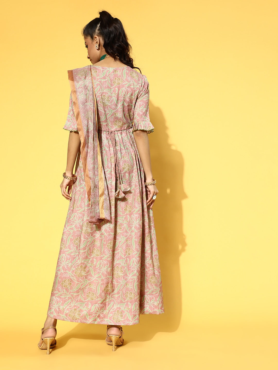 Yufta Pink & Green Floral Print Dress with Dupatta - Distacart