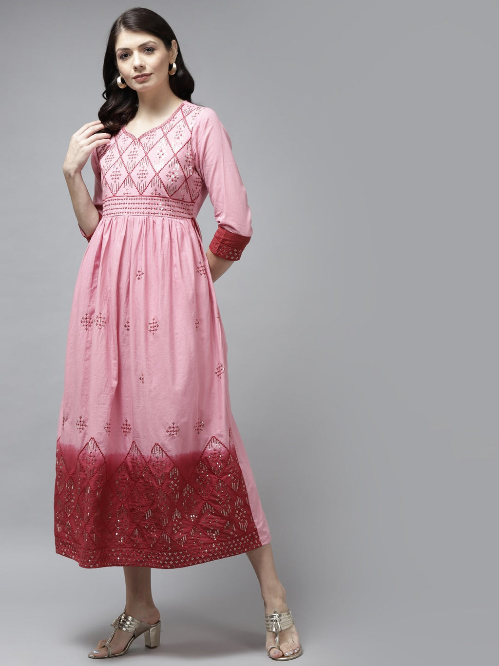 Yufta Pink & Maroon Ethnic Dress - Distacart