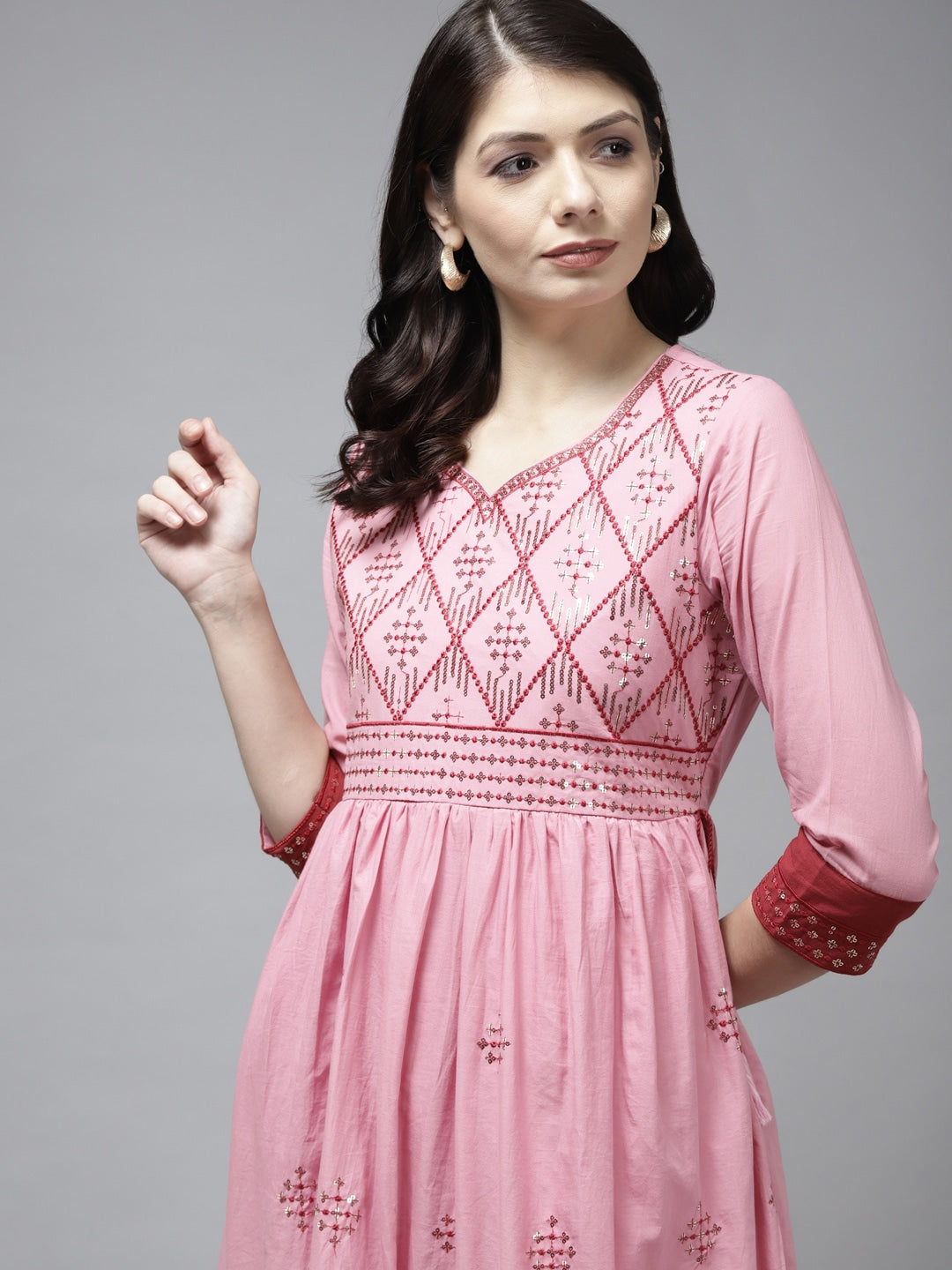 Yufta Pink & Maroon Ethnic Dress - Distacart