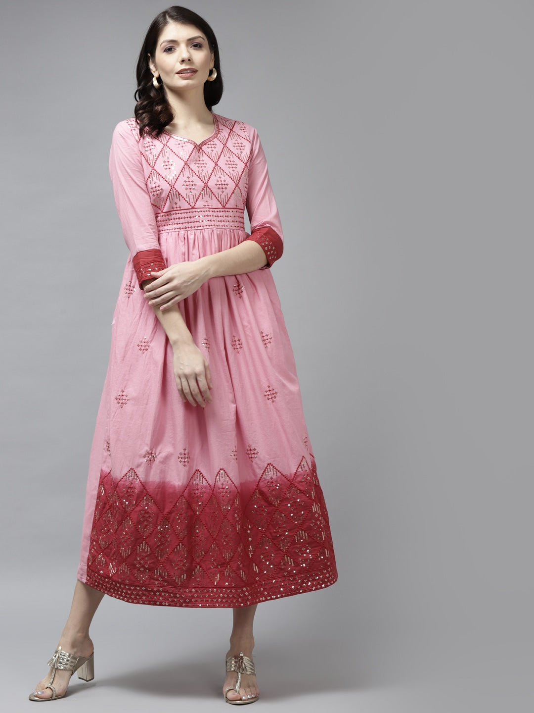 Yufta Pink & Maroon Ethnic Dress - Distacart